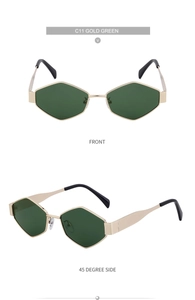 Vue détaillée avant et latérale de lunettes de soleil dorées à verres verts foncés