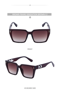 Vorder- und Seitenansicht brauner eckiger Sonnenbrille mit Verlaufsgläsern und Pfeildetail