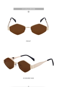 Détail de lunettes de soleil hexagonales dorées avec verres marron et branches larges