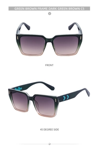 Detailansicht der quadratischen Sonnenbrille in Grün-Braun-Verlauf mit blauem Pfeildesign