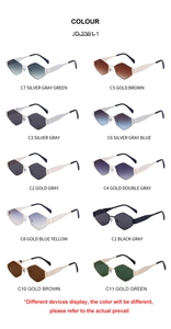 Vue détaillée de dix lunettes de soleil géométriques en métal de diverses couleurs à la mode