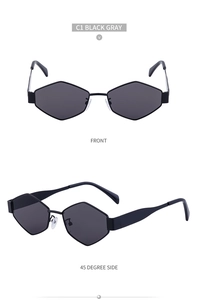 Détail de lunettes de soleil hexagonales géométriques en noir gris avec vues de profil