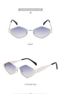 Détails des lunettes de soleil hexagonales dorées avec verres dégradés bleu-jaune et branches