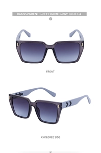 Vorder- und 45-Grad-Ansichten der quadratischen Sonnenbrille in Transparentgrau mit Gläsern