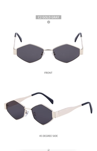 Vue de face et de profil de lunettes de soleil hexagonales dorées aux verres gris foncé