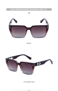 Vorder- und Seitenansicht der quadratischen dunkelbraunen Sonnenbrille mit Farbverlauf
