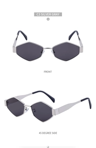 Vue détaillée de lunettes de soleil hexagonales irrégulières en métal argenté et branches