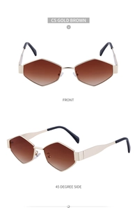 Vues détaillées de face et de côté de lunettes de soleil dorées avec verres marron dégradé