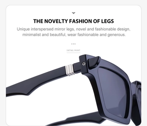 Detailed close-up of dark blue sunglasses featuring silver striped metal temple accents