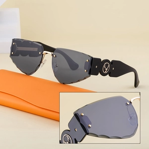Frameless polygonal sunglasses with carved edges, metal deer detail and orange case