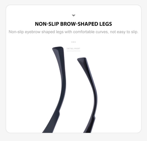 Macro view of non-slip brow-shaped sunglasses legs with ergonomic curved black design