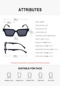 Detailed size specifications for square frame sunglasses including lens width and arm length