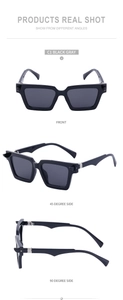 Three-angle view of vintage square black sunglasses with gray lenses and metal accents