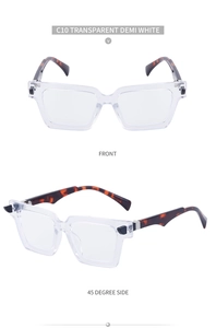 Front and 45-degree side view of square transparent glasses with demi tortoise temples