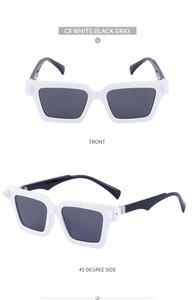 Front and 45-degree side view of retro square white frames with black temples sunglasses