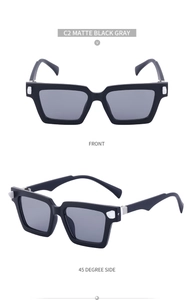 Front and side view of matte black square retro sunglasses with silver metal accents