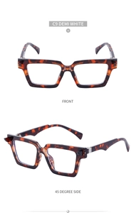 Detailed front and side views of demi white rectangular sunglasses with metal accents