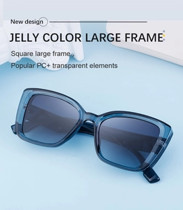 Détail des lunettes de soleil carrées bleu translucide sur fond décoratif moderne