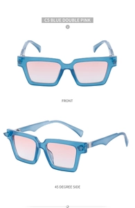 Detail view of square blue transparent sunglasses with pink gradient lenses and silver hinges