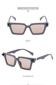 Front and side view of rectangle gray sunglasses with champagne lenses and silver accents
