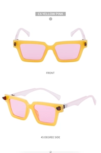 Detailed front and side views of vintage square sunglasses with yellow frames and pink lenses
