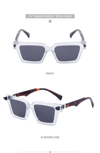 Detail view of transparent gray square frame sunglasses with leopard print temples