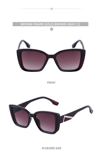 Détails de lunettes de soleil œil de chat, verres dégradés bruns et décor en métal doré