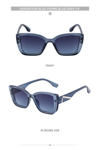 Détails des lunettes de soleil œil de chat C4 avec monture bleue et charnière en V dorée