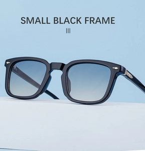 Detail view of small black square sunglasses featuring blue gradient lenses and gold rivets