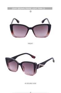 Vues de face et à 45 degrés de lunettes de soleil œil-de-chat avec décor V en métal chic