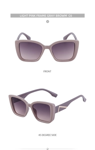Vues frontale et latérale de lunettes de soleil œil-de-chat rose clair et verres bruns