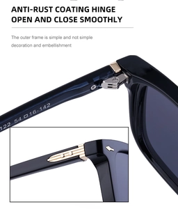Detailed view of square frame sunglasses featuring reinforced anti-rust hinges and smooth finish