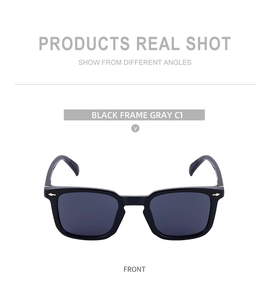 Detailed front view of square black frame sunglasses with silver arrow metal ornaments