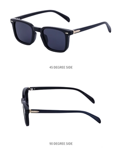 Detail views of vintage square sunglasses with gold metal rivets and UV lenses