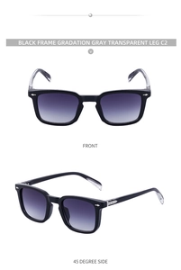 Front and 45-degree side views of black square sunglasses with gradient gray lenses