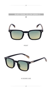 Macro view of rectangular sunglasses featuring yellow-green gradient lenses and metal accents