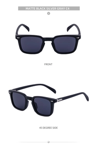 Front and side view of vintage matte black square sunglasses with silver arrow accents