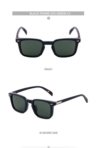 Close-up of square sunglasses with G15 green lenses and gold arrow metal accents