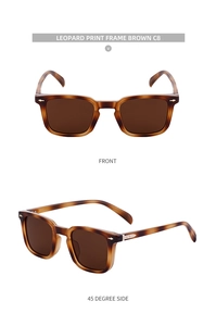 Detail of leopard print sunglasses with brown lenses and arrow-shaped metal rivets