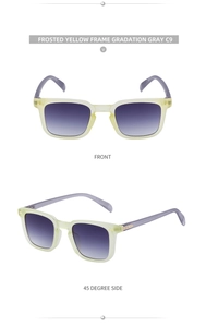 Front and side view of square sunglasses with frosted yellow frame and gray gradient lenses