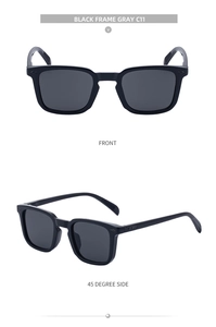 Macro detail of black square sunglasses showing front and side views with anti-slip temple tips
