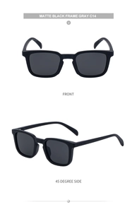 Detailed views of matte black square vintage sunglasses with premium gray lenses