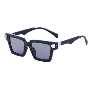 Modern square black frame sunglasses with dark grey lenses and silver hinge details