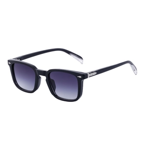 Vintage square black sunglasses with purple gradient lenses and silver arrow rivets