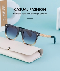Detail of square gradient frames with blue light filter and embossed gold metal temples