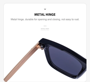 Detail of durable metal hinges on trendy square sunglasses with golden metal temples
