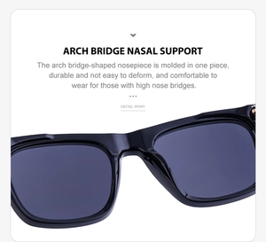Detail view of the ergonomic integrated bridge design on black square sunglasses