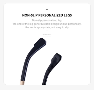 Detail of square sunglasses anti-slip temple tips with textured grip and glossy finish