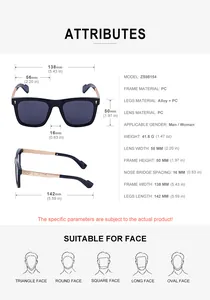 Detailed size chart for square sunglasses showing dimensions and PC frame specifications