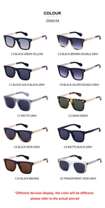 Detailed color chart of square sunglasses with metal temples in 10 varied frame finishes